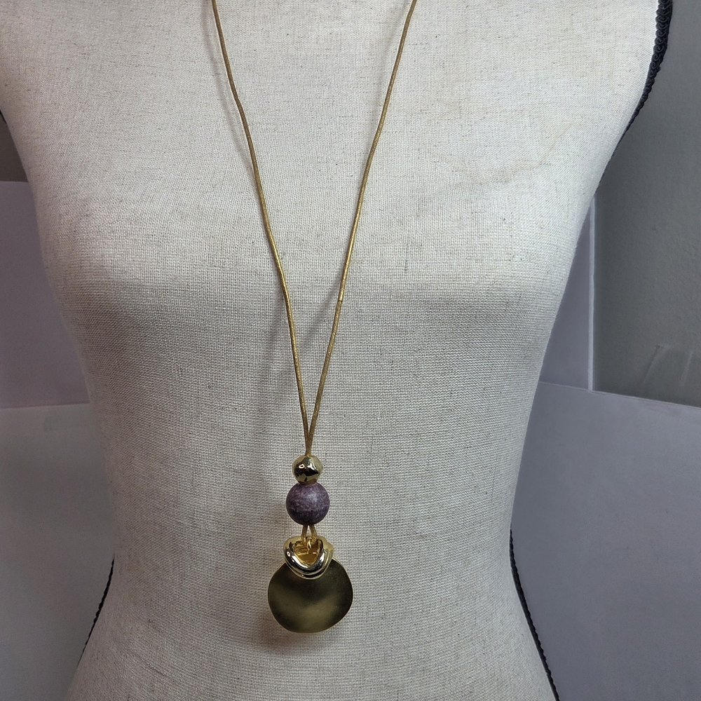 chicos long pendant necklace round medallion disks bead silver gold leather cord